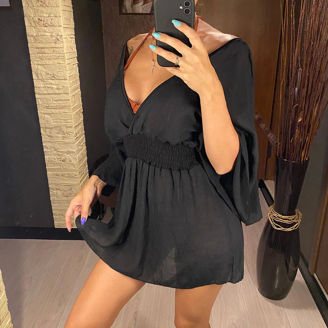 New Sexy V Neck Long Sleeve Backless Chiffon Tunic Beach Cover Up Beach Cover-ups Beach Dress Beach Wear Beachwear V3840    Your Coastal Marketplace | Shoreshopper.com