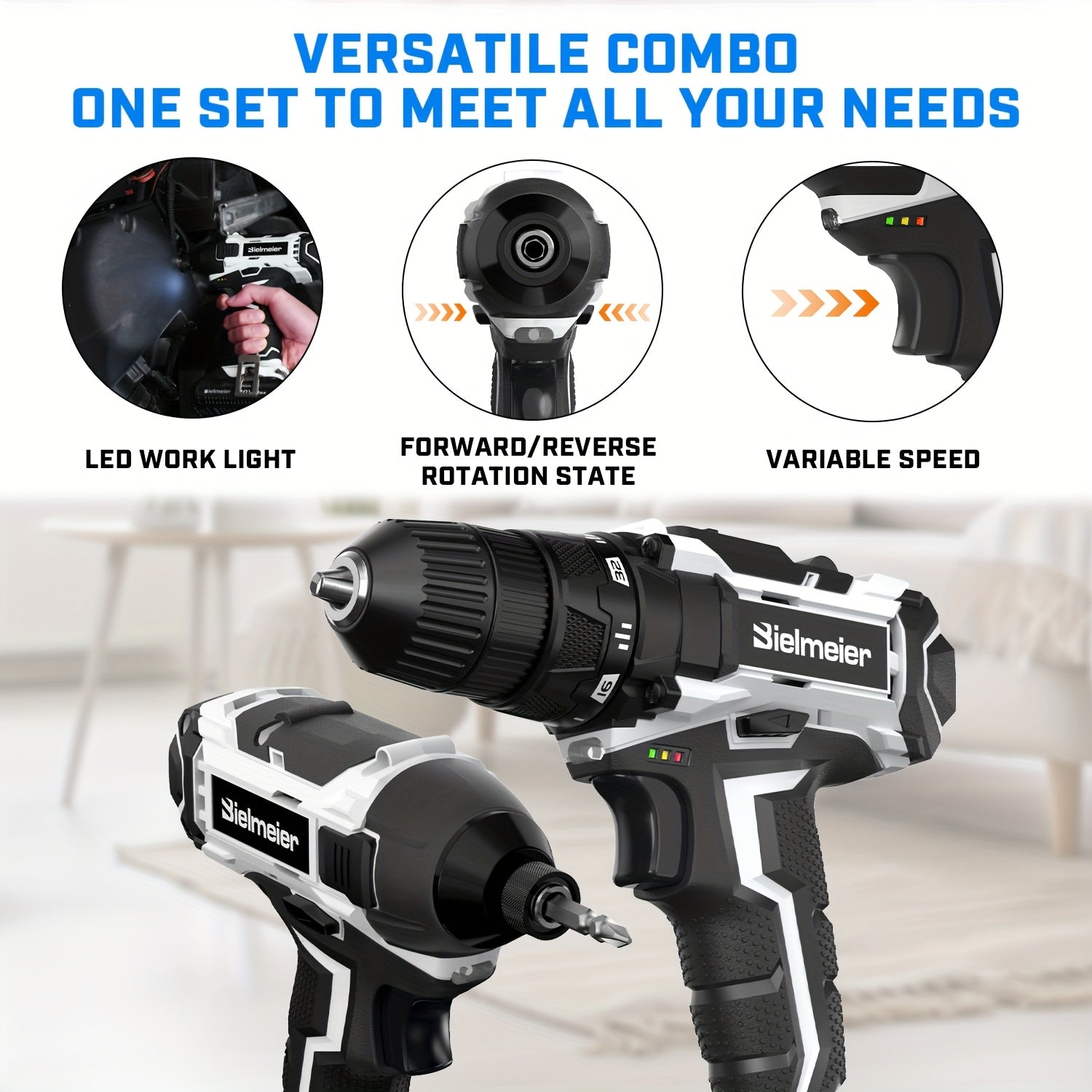 Bielmeier 20V 3/8" Drill And 1/4" Impact Driver Combo Kit, Featuring a Driving Speed of 3200RPM And a Drilling Speed of 1500RPM, Designed to Be Lightweight, with Two Speed Settings, Including 33pcs of Drive Bits And Sockets, - ShoreCo.Shop