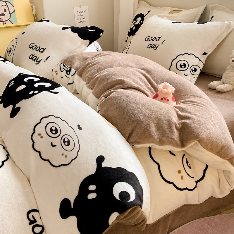 Winter Thickening Milk Fiber Bed Four-piece Coral Velvet Quilt Cover Flange Double-sided Bed Sheet Three-piece Bedding    Home Decor Supply | Online Retail | ShoreShopper.com