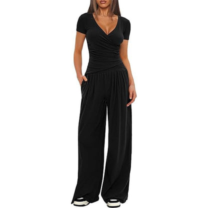 2 Pieces Women's V Neck Short-sleeve Sportswear Top And Wide-leg Pants Set Casual Comfortable Outfit Set For Daily Wear Gym Sports Outfit    Home Decor Supply | Online Retail | ShoreShopper.com