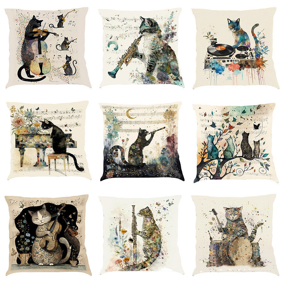 Musical Cats Printed Cotton Linen Pillowcase    Home Decor Supply | Online Retail | ShoreShopper.com
