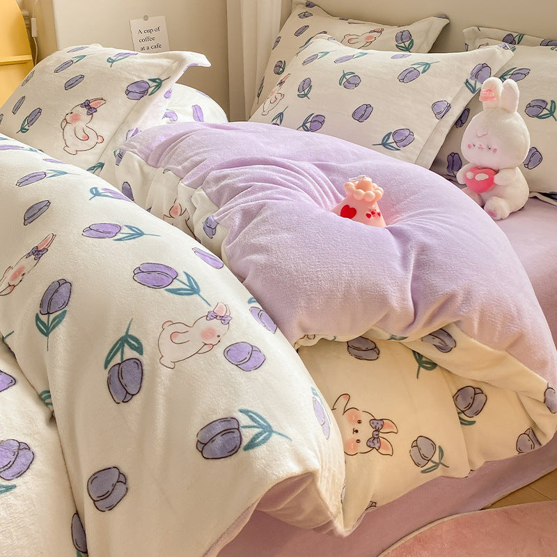Winter Thickening Milk Fiber Bed Four-piece Coral Velvet Quilt Cover Flange Double-sided Bed Sheet Three-piece Bedding    Home Decor Supply | Online Retail | ShoreShopper.com