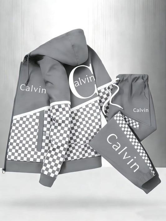 Men'S Hooded Tracksuit with Checkerboard Pattern and Calvin Letter Print | Casual Street Style, Non-Stretch Fabric, Geometric Pattern, Zipper Detail, Regular Fit for Spring/Fall    Home Decor Supply | Online Retail | ShoreShopper.com