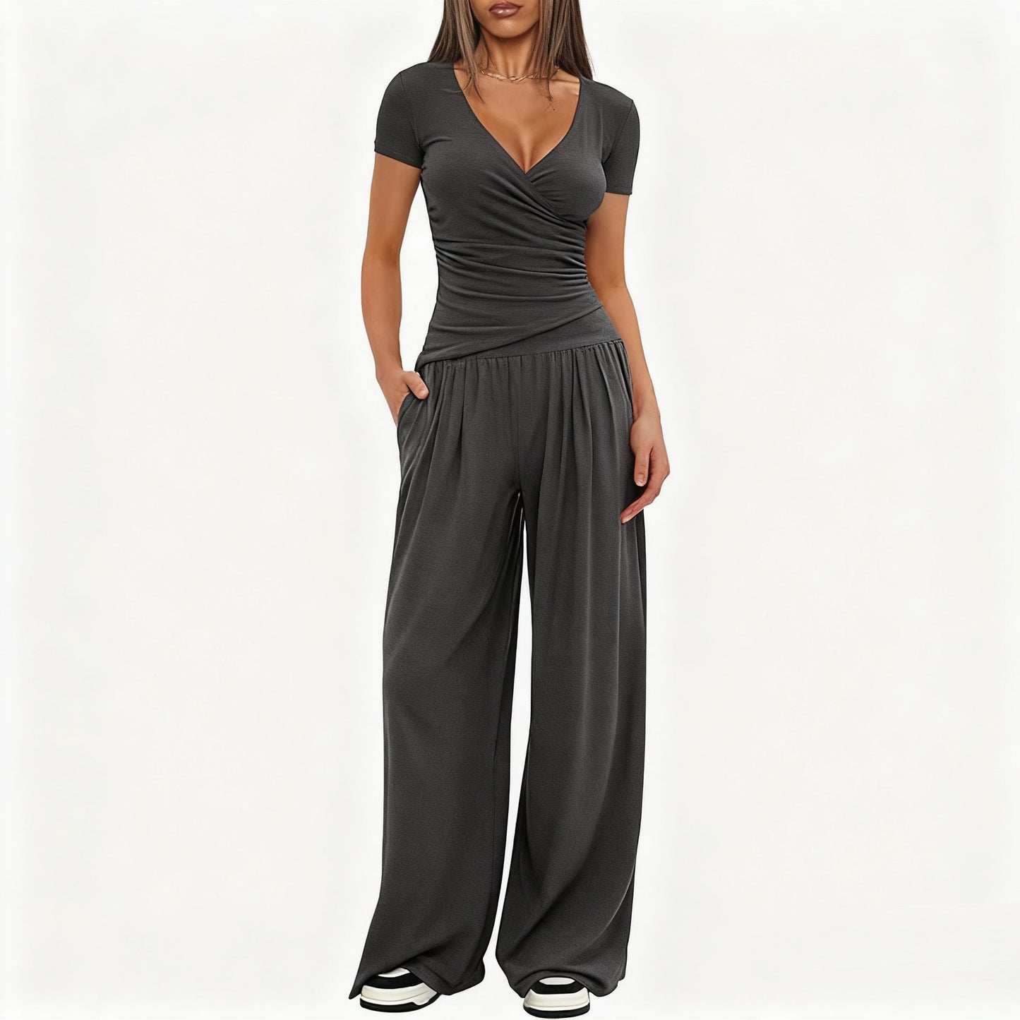 2 Pieces Women's V Neck Short-sleeve Sportswear Top And Wide-leg Pants Set Casual Comfortable Outfit Set For Daily Wear Gym Sports Outfit    Home Decor Supply | Online Retail | ShoreShopper.com