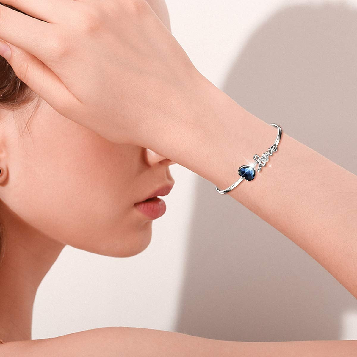 Blue Crystals from Austria Love Heart Bangle Bracelet in White Gold Plated Sterling Silver - ShoreCo.Shop