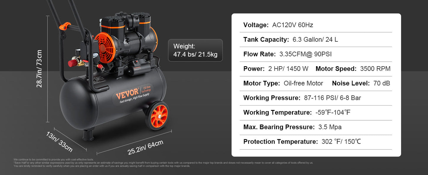 VEVOR Silent Air Compressor 900W 1450W 1800W Quiet Oil-free Portable Air Pump for Home Repair Tire Inflation Whisper Compressor    Home Decor Supply | Online Retail | ShoreShopper.com