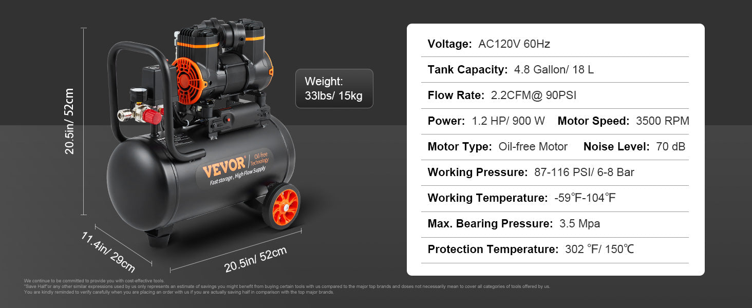VEVOR Silent Air Compressor 900W 1450W 1800W Quiet Oil-free Portable Air Pump for Home Repair Tire Inflation Whisper Compressor    Home Decor Supply | Online Retail | ShoreShopper.com