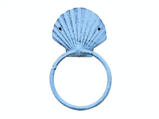 Rustic Dark Blue Whitewashed Cast Iron Seashell Towel Holder 8.5""    Home Decor Supply | Online Retail | ShoreShopper.com