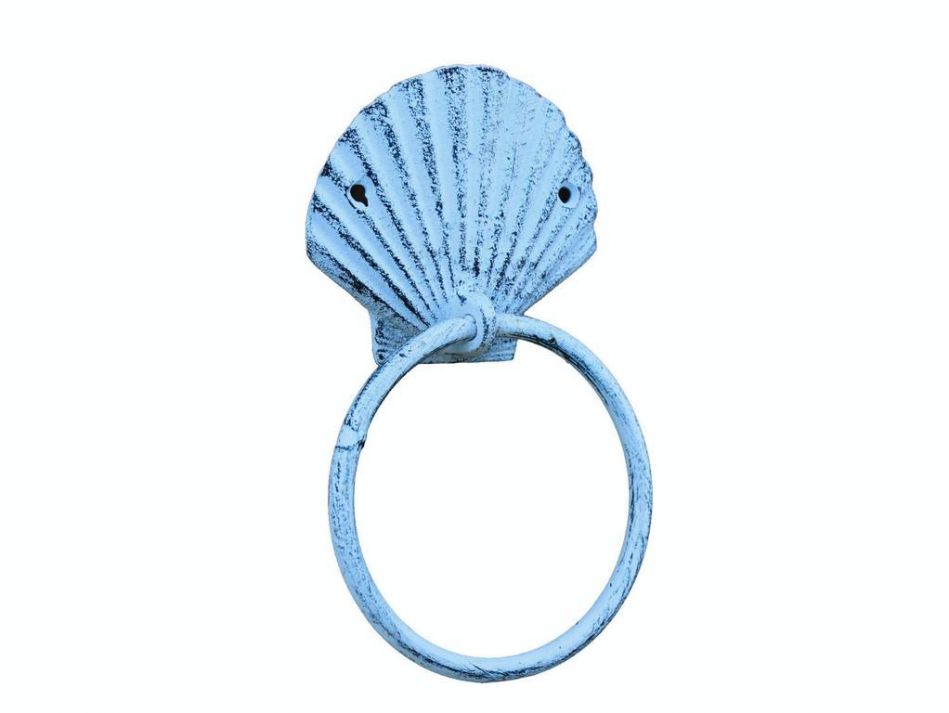 Rustic Dark Blue Whitewashed Cast Iron Seashell Towel Holder 8.5""    Home Decor Supply | Online Retail | ShoreShopper.com