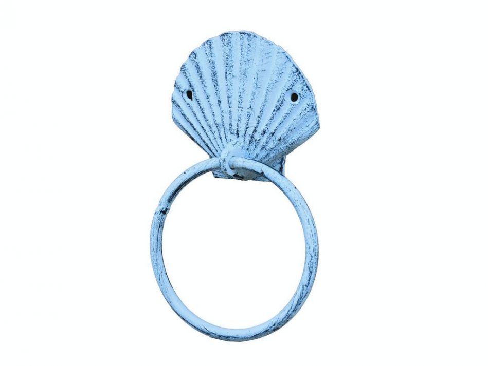 Rustic Dark Blue Whitewashed Cast Iron Seashell Towel Holder 8.5""    Home Decor Supply | Online Retail | ShoreShopper.com