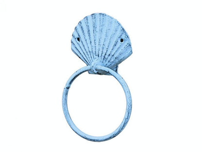 Rustic Dark Blue Whitewashed Cast Iron Seashell Towel Holder 8.5""    Home Decor Supply | Online Retail | ShoreShopper.com