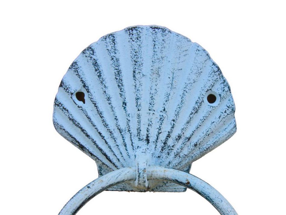 Rustic Dark Blue Whitewashed Cast Iron Seashell Towel Holder 8.5""    Home Decor Supply | Online Retail | ShoreShopper.com