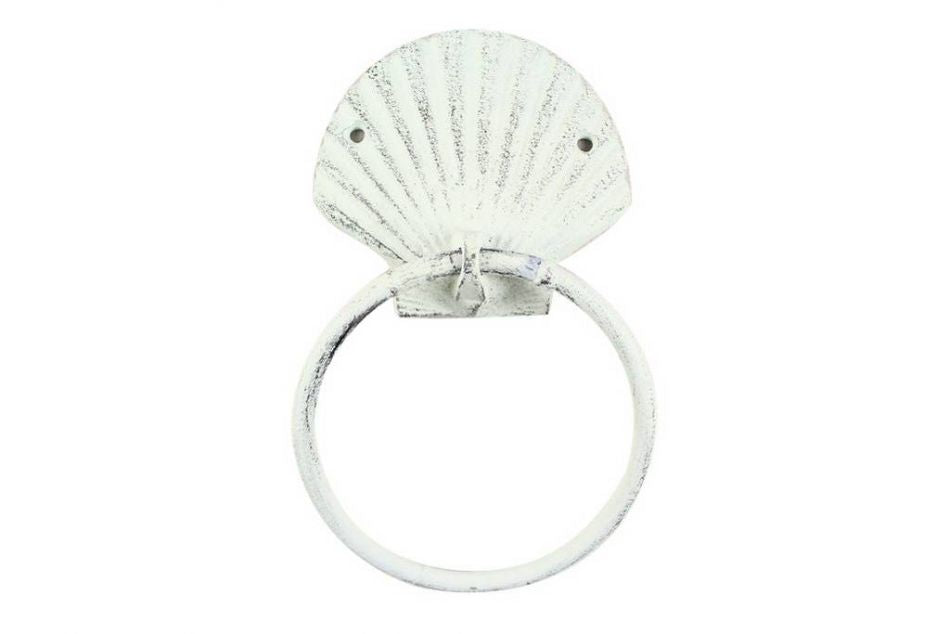 Rustic Whitewashed Cast Iron Seashell Towel Holder 8.5""    Home Decor Supply | Online Retail | ShoreShopper.com