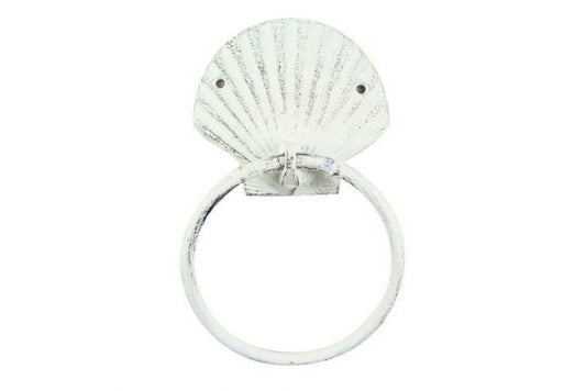 Rustic Whitewashed Cast Iron Seashell Towel Holder 8.5""    Home Decor Supply | Online Retail | ShoreShopper.com