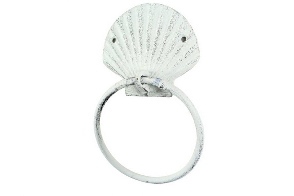 Rustic Whitewashed Cast Iron Seashell Towel Holder 8.5""    Home Decor Supply | Online Retail | ShoreShopper.com