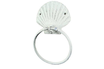 Rustic Whitewashed Cast Iron Seashell Towel Holder 8.5""    Home Decor Supply | Online Retail | ShoreShopper.com