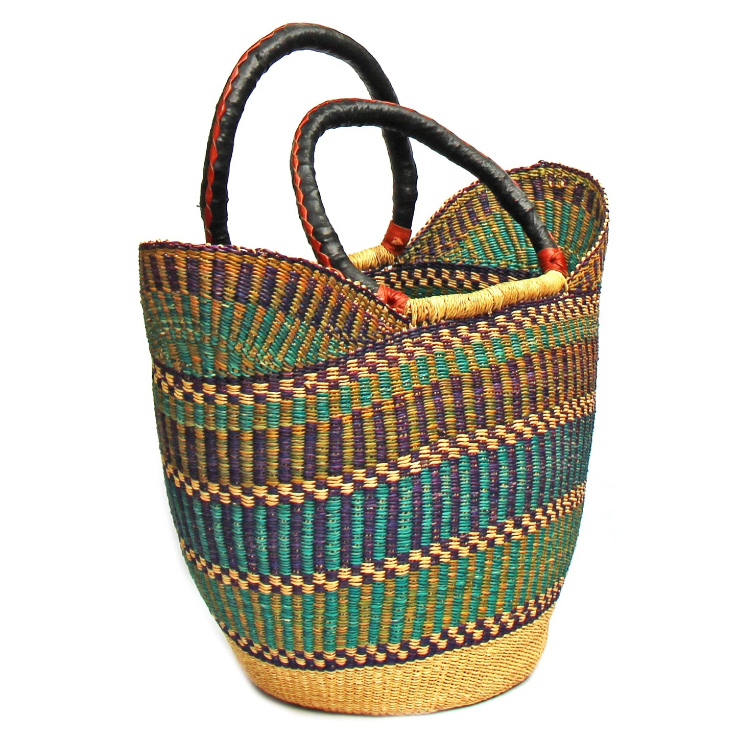 Bolga Tote, Mixed Colors with Leather Handle - 18-inch    Home Decor Supply | Online Retail | ShoreShopper.com