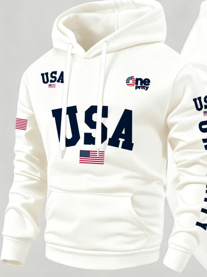 Men'S USA Flag Print Hoodie & Sweatpants Two-Piece Set - White with Red, White & Blue Design, Comfortable Warm Casual Streetwear Outfit, Regular Fit, Long Sleeve    Home Decor Supply | Online Retail | ShoreShopper.com