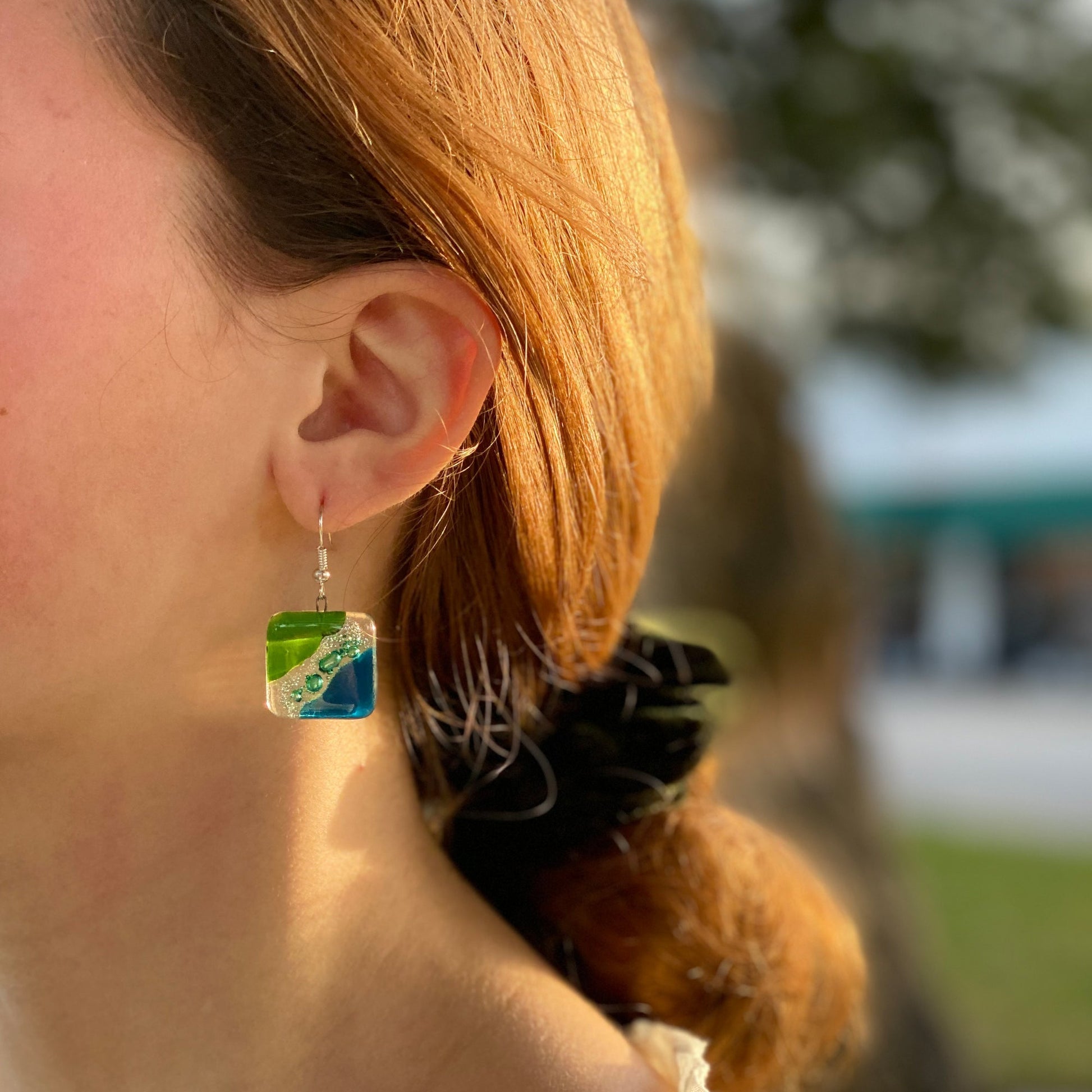 Square Glass Dangle Earrings, Blue Green Waves - Tili Glass    Home Decor Supply | Online Retail | ShoreShopper.com