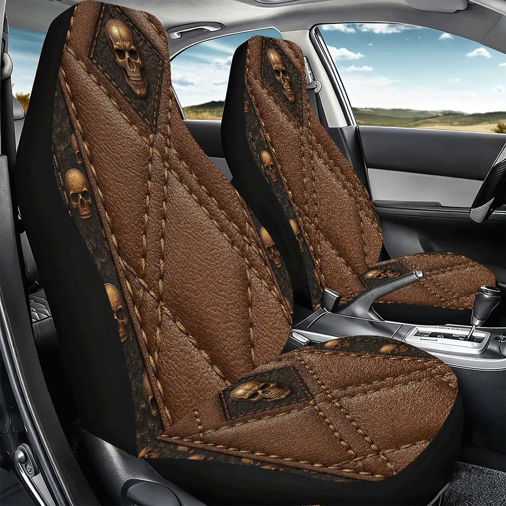 2pcs Brown Skull Car Seat Covers Suitable for Front Seats, High Back Design, Material, Suitable for Cars, SUVs and Trucks, Women's Car Accessories, Christmas Eve Scares, Halloween, Special Promotion Clearance.    Home Decor Supply | Online Retail | ShoreShopper.com