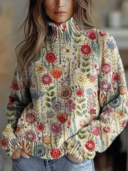Elegant 3D Floral Print Turtleneck Sweater - Cozy Long Sleeve Pullover    Home Decor Supply | Online Retail | ShoreShopper.com