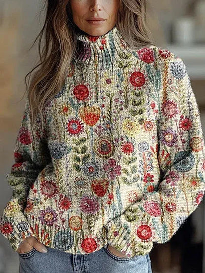 Elegant 3D Floral Print Turtleneck Sweater - Cozy Long Sleeve Pullover    Home Decor Supply | Online Retail | ShoreShopper.com