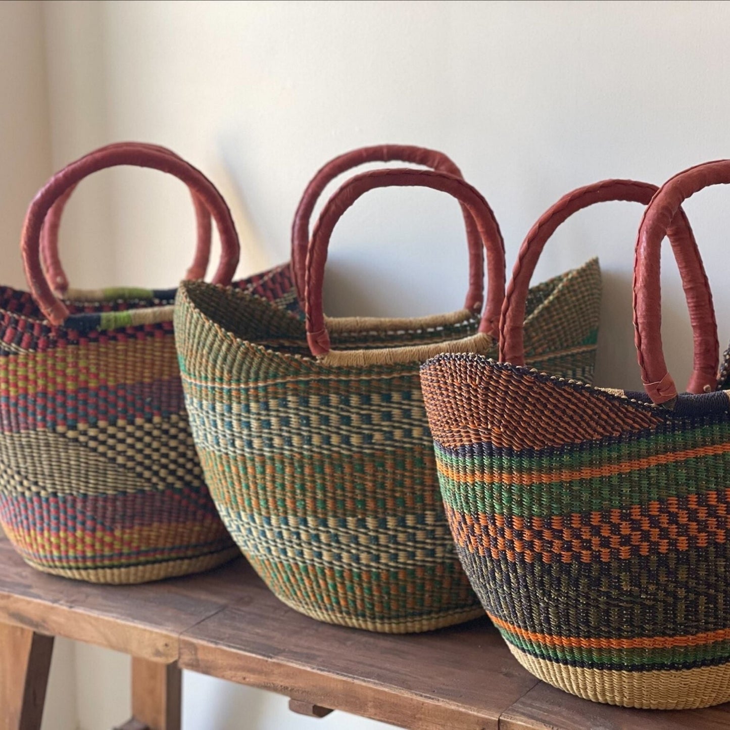 Bolga Tote, Mixed Colors with Leather Handle - 18-inch    Home Decor Supply | Online Retail | ShoreShopper.com