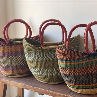 Bolga Tote, Mixed Colors with Leather Handle - 18-inch    Home Decor Supply | Online Retail | ShoreShopper.com