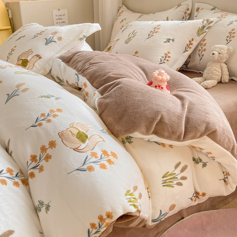 Winter Thickening Milk Fiber Bed Four-piece Coral Velvet Quilt Cover Flange Double-sided Bed Sheet Three-piece Bedding    Home Decor Supply | Online Retail | ShoreShopper.com