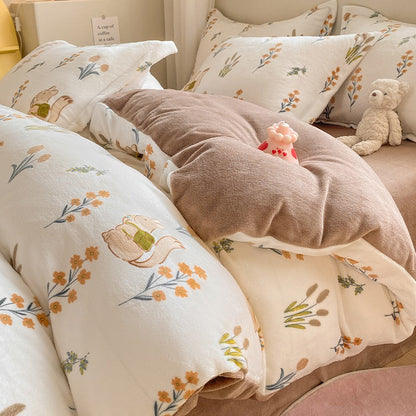 Winter Thickening Milk Fiber Bed Four-piece Coral Velvet Quilt Cover Flange Double-sided Bed Sheet Three-piece Bedding    Home Decor Supply | Online Retail | ShoreShopper.com