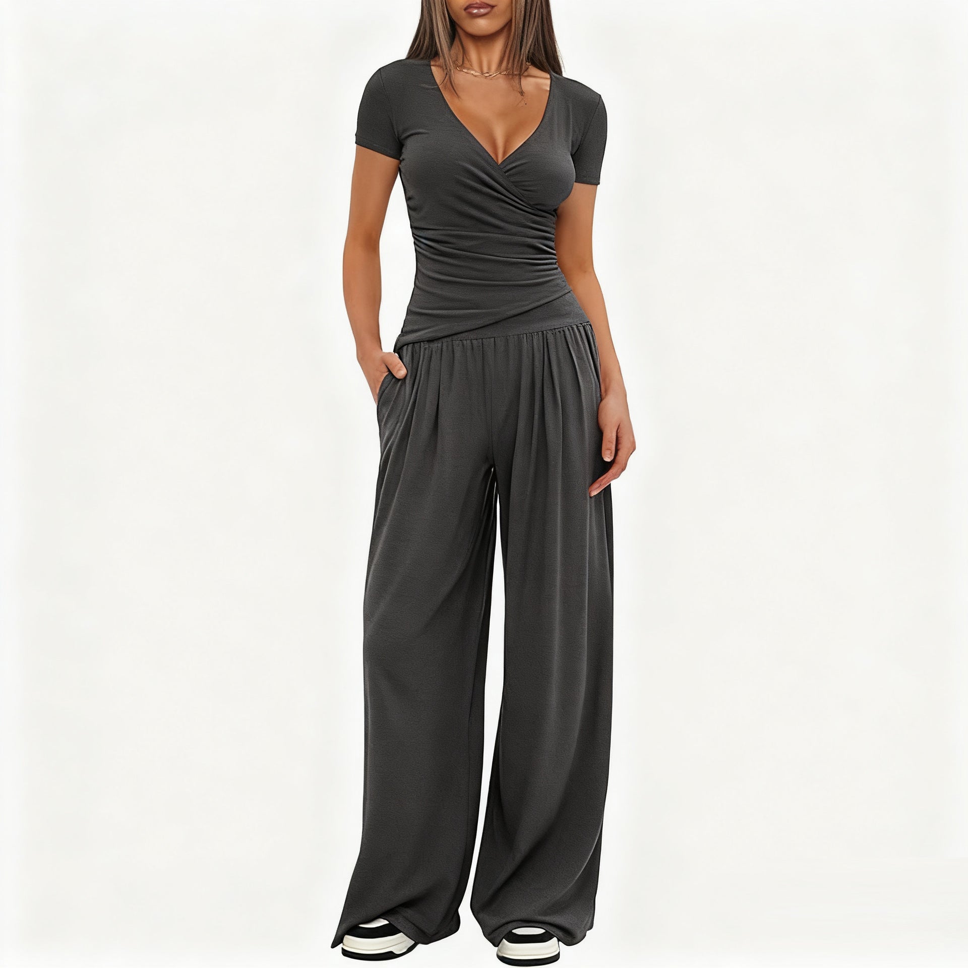 2 Pieces Women's V Neck Short-sleeve Sportswear Top And Wide-leg Pants Set Casual Comfortable Outfit Set For Daily Wear Gym Sports Outfit    Home Decor Supply | Online Retail | ShoreShopper.com
