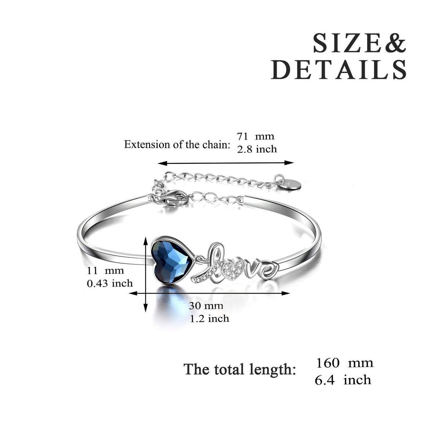 Blue Crystals from Austria Love Heart Bangle Bracelet in White Gold Plated Sterling Silver - ShoreCo.Shop