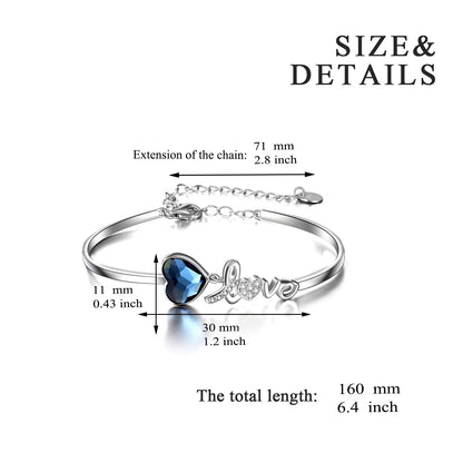 Blue Crystals from Austria Love Heart Bangle Bracelet in White Gold Plated Sterling Silver - ShoreCo.Shop