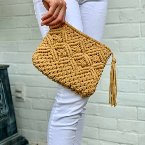 Macrame Clutch with Tassel, Tan    Home Decor Supply | Online Retail | ShoreShopper.com
