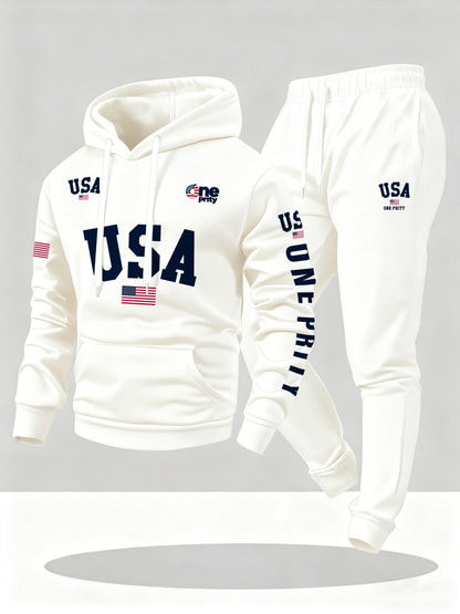Men'S USA Flag Print Hoodie & Sweatpants Two-Piece Set - White with Red, White & Blue Design, Comfortable Warm Casual Streetwear Outfit, Regular Fit, Long Sleeve    Home Decor Supply | Online Retail | ShoreShopper.com