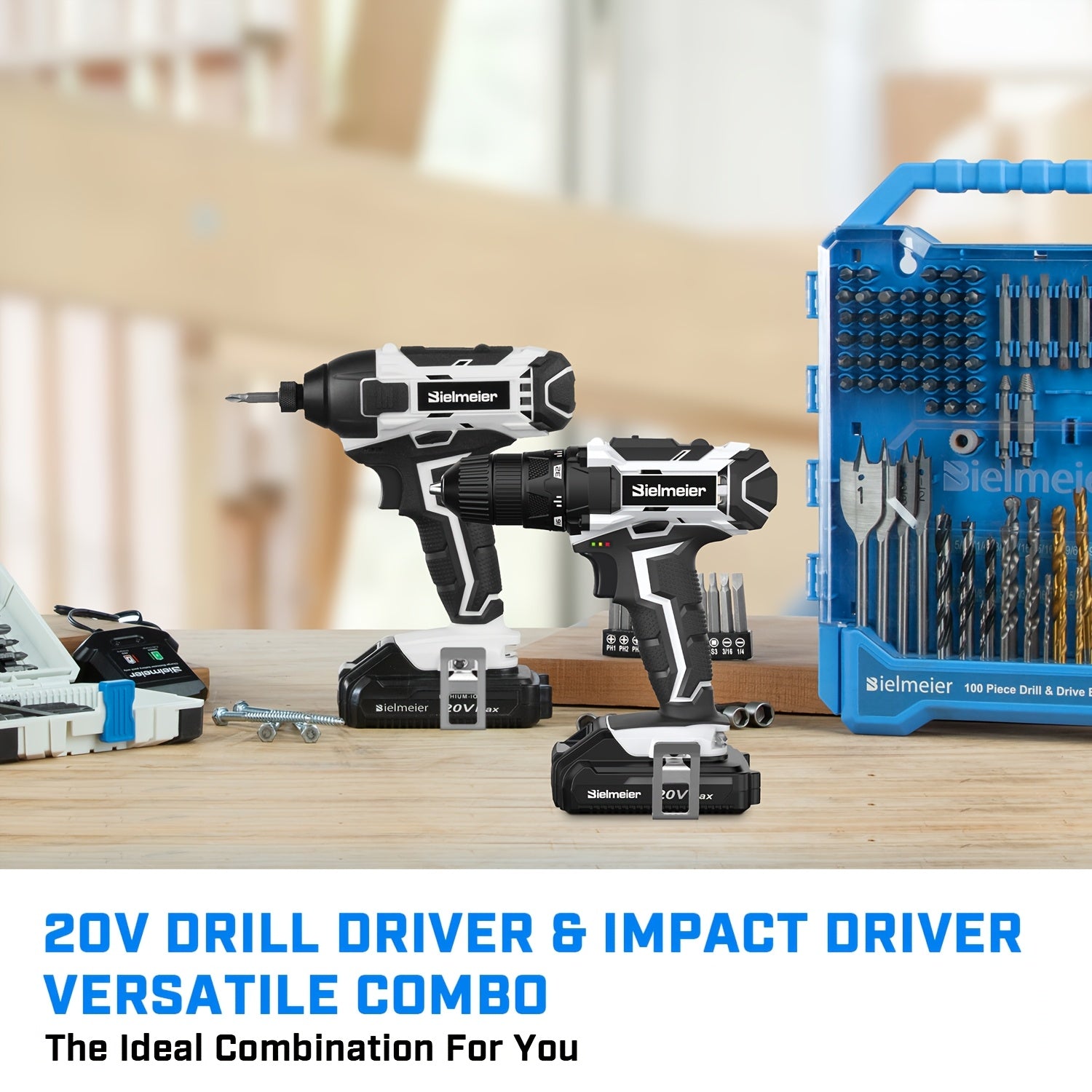 Bielmeier 20V 3/8" Drill And 1/4" Impact Driver Combo Kit, Featuring a Driving Speed of 3200RPM And a Drilling Speed of 1500RPM, Designed to Be Lightweight, with Two Speed Settings, Including 33pcs of Drive Bits And Sockets, - ShoreCo.Shop