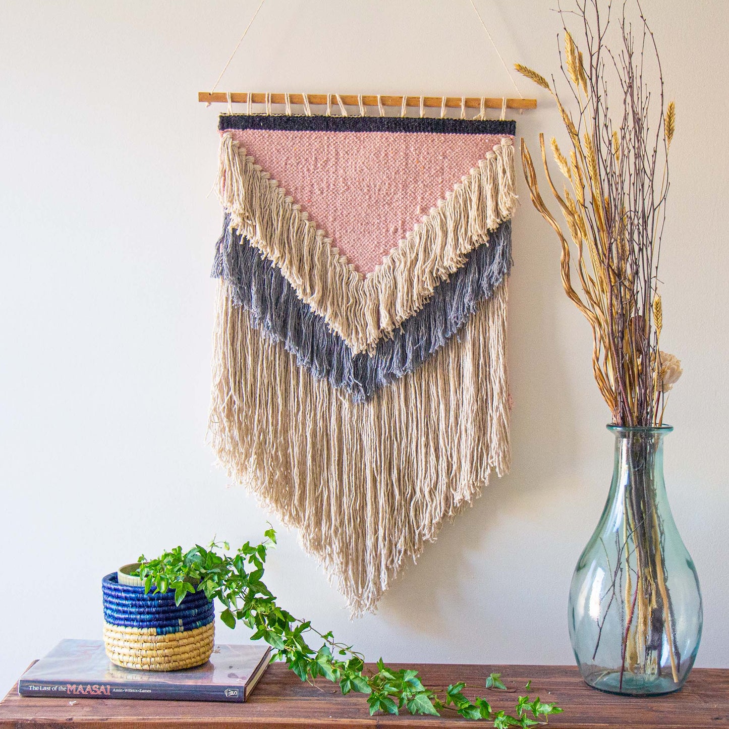 Handwoven Boho Wall Hanging, Pink with Cream Fringe    Home Decor Supply | Online Retail | ShoreShopper.com