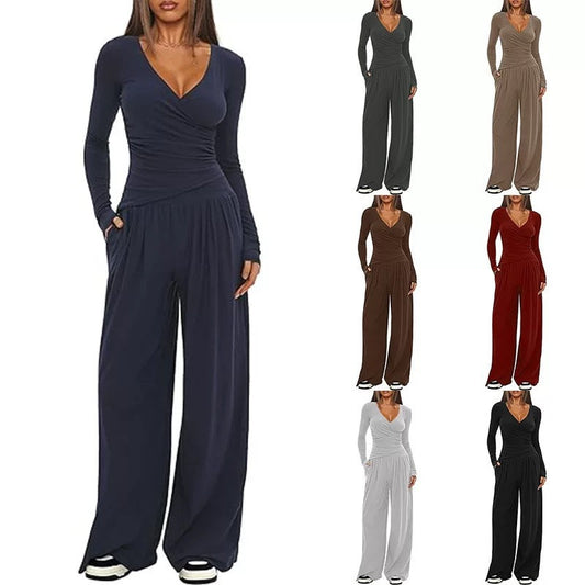 2 Pieces Women's V Neck Long-sleeve Sportswear Top And Wide-leg Pants Set Casual Comfortable Outfit Set For Daily Wear Gym Sports Outfit    Home Decor Supply | Online Retail | ShoreShopper.com