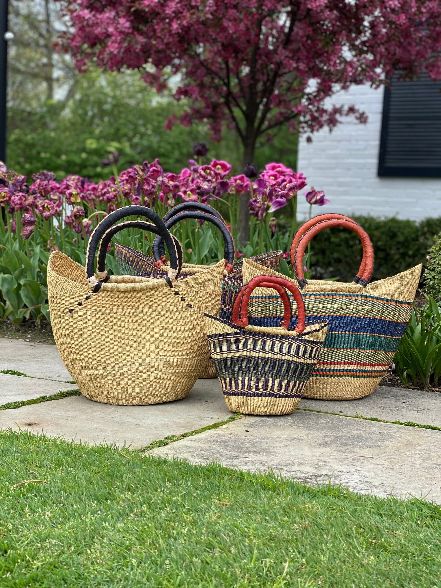 Bolga Tote, Mixed Colors with Leather Handle - 18-inch    Home Decor Supply | Online Retail | ShoreShopper.com