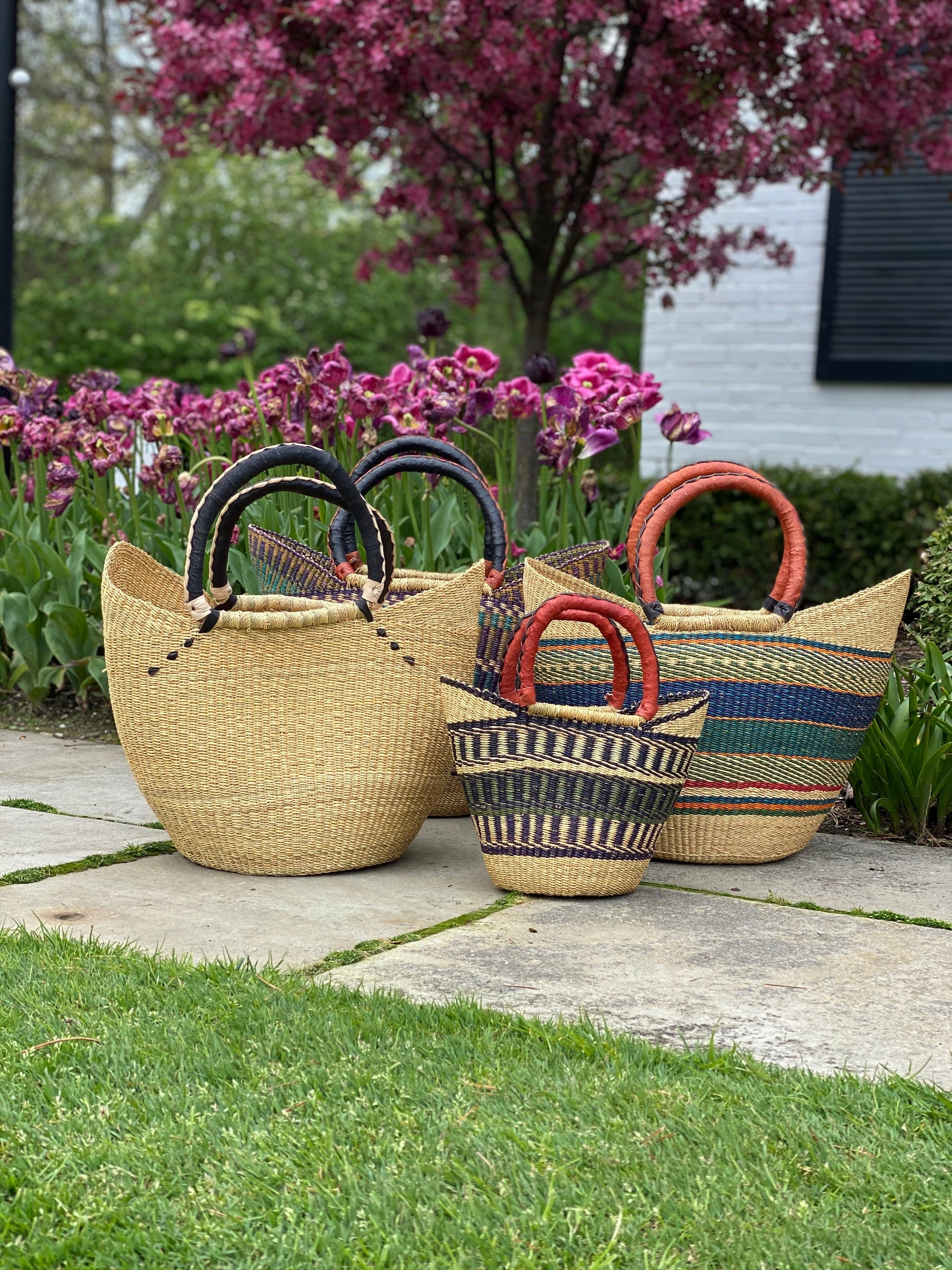 Bolga Tote, Mixed Colors with Leather Handle - 18-inch    Home Decor Supply | Online Retail | ShoreShopper.com