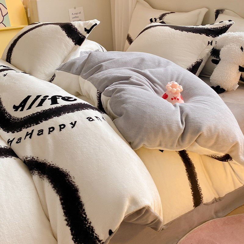Winter Thickening Milk Fiber Bed Four-piece Coral Velvet Quilt Cover Flange Double-sided Bed Sheet Three-piece Bedding    Home Decor Supply | Online Retail | ShoreShopper.com