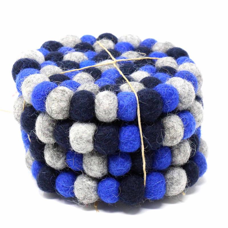 Hand Crafted Felt Ball Coasters from Nepal: 4-pack, Chakra Dark Blues - Global Groove (T)    Home Decor Supply | Online Retail | ShoreShopper.com