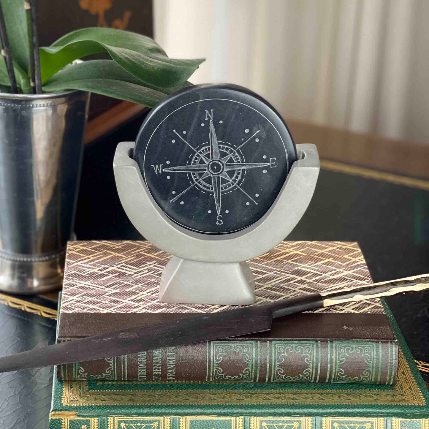 Compass Soapstone Sculpture, Dark Gray Stone    Home Decor Supply | Online Retail | ShoreShopper.com