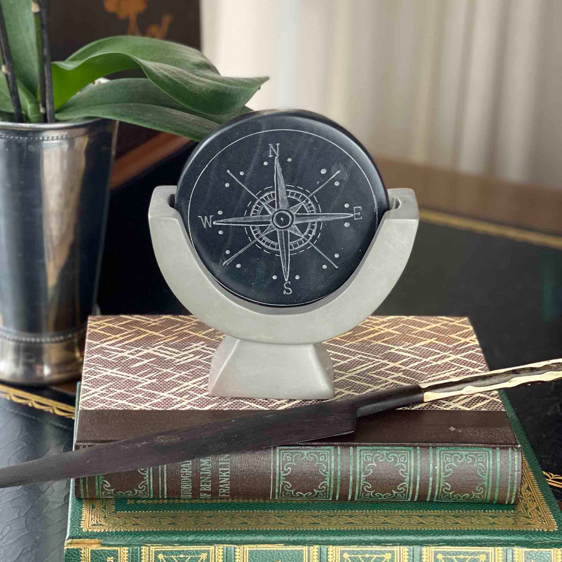 Compass Soapstone Sculpture, Dark Gray Stone    Home Decor Supply | Online Retail | ShoreShopper.com