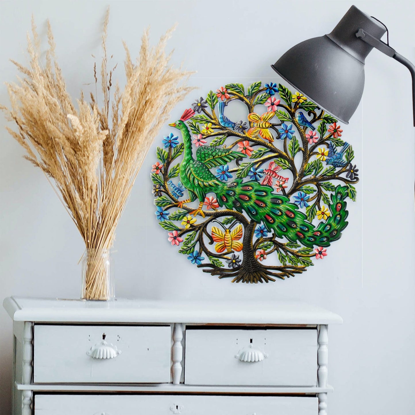 Peacock in Tree Haitian Metal Drum Wall Art    Home Decor Supply | Online Retail | ShoreShopper.com
