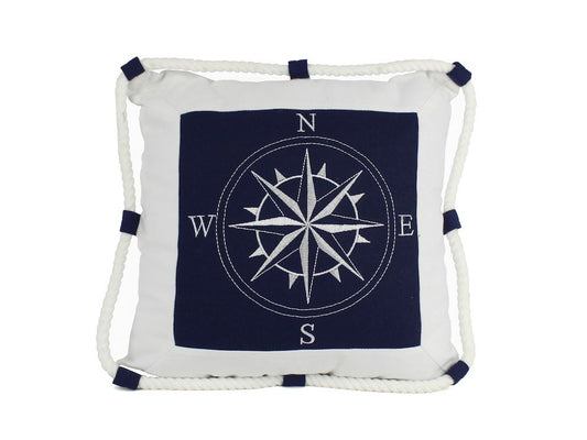 Blue Compass With Nautical Rope Decorative Throw Pillow 16""    Home Decor Supply | Online Retail | ShoreShopper.com