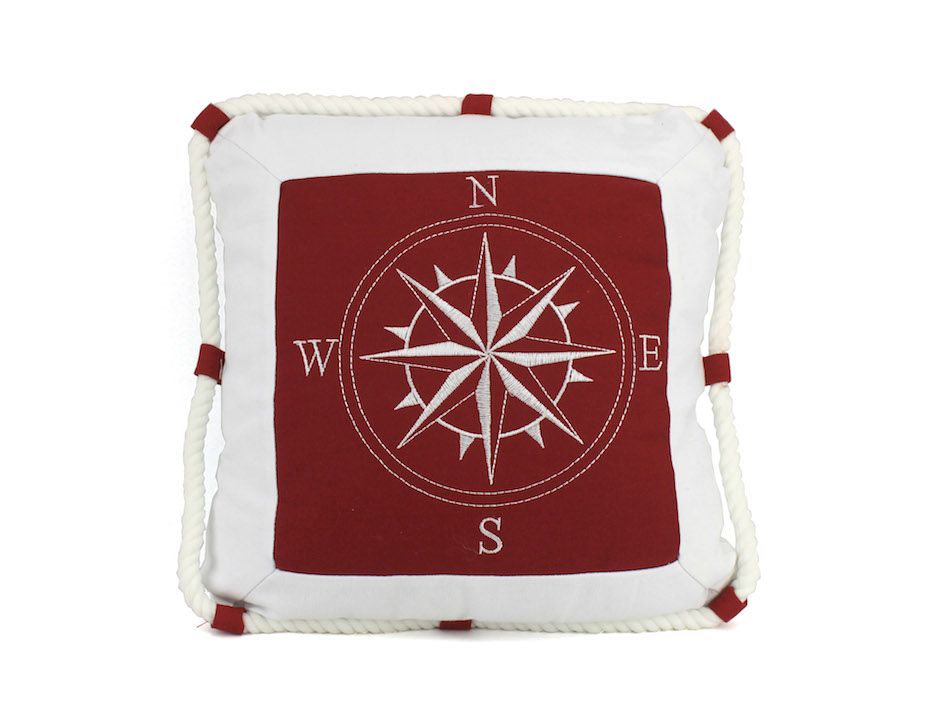 Red Compass With Nautical Rope Decorative Throw Pillow 16""    Home Decor Supply | Online Retail | ShoreShopper.com