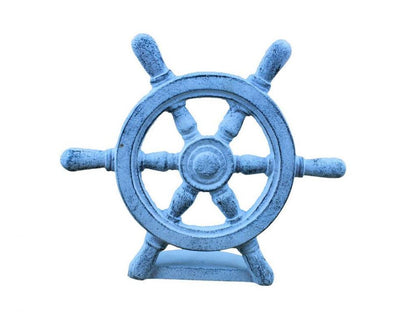 Dark Blue Whitewashed Cast Iron Ship Wheel Door Stopper 9""    Home Decor Supply | Online Retail | ShoreShopper.com