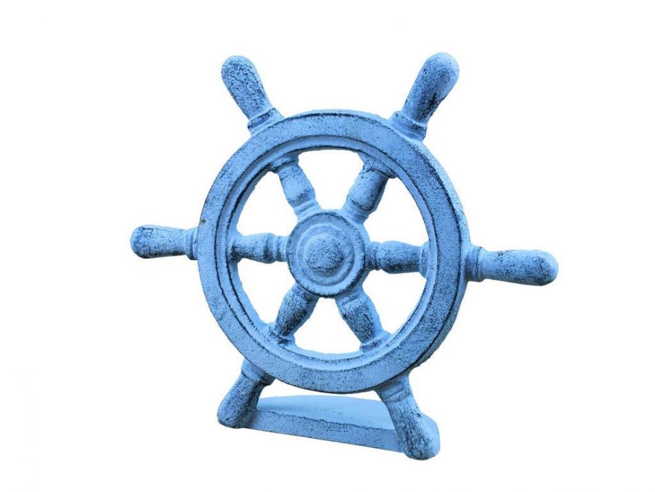 Dark Blue Whitewashed Cast Iron Ship Wheel Door Stopper 9""    Home Decor Supply | Online Retail | ShoreShopper.com