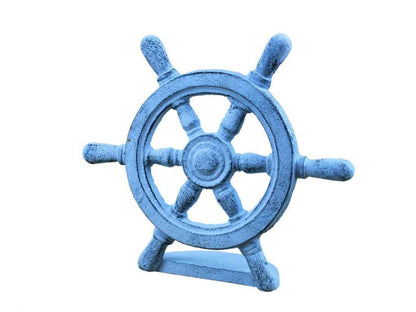 Dark Blue Whitewashed Cast Iron Ship Wheel Door Stopper 9""    Home Decor Supply | Online Retail | ShoreShopper.com